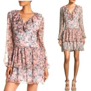 Marchesa Rose Floral Ruffle Chiffon Mini Dress Tiered Wedding Guest Medium